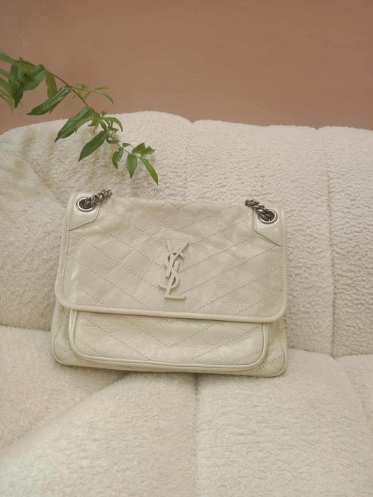 Saint Laurent Niki Medium Shoulder Bag in White Quilted Calfskin