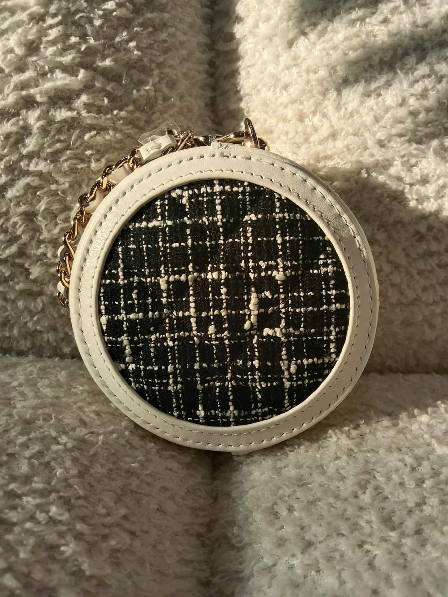 Chanel Tweed Quilted Round Filigree Pouch with Chain Black/White Microchipped