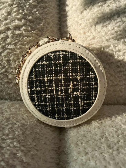 Chanel Tweed Quilted Round Filigree Pouch with Chain Black/White Microchipped