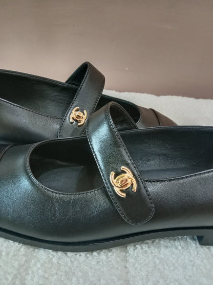 Chanel Mary Jane CC Clasp Flats Black Size 36.5