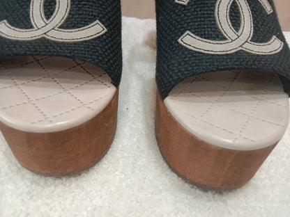 Chanel Wedge Sandals Black Canvas Embroidered Interlocking CC Logo Size 36