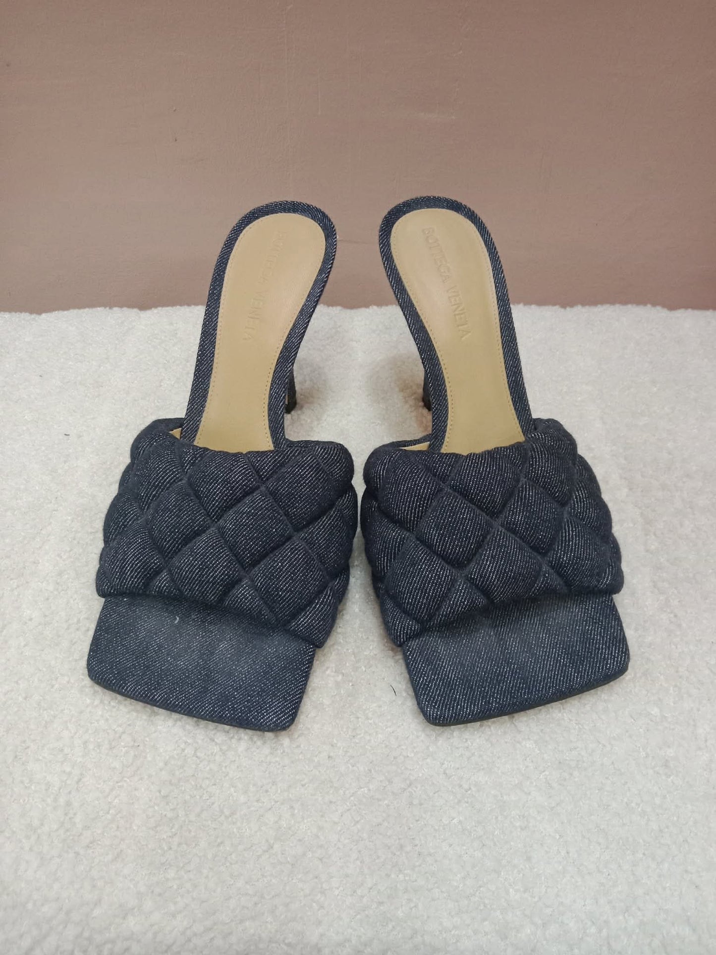 Bottega Veneta Indigo Denim Matelasse Padded Mule Sandals Size 36