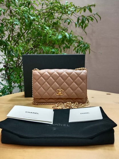 Chanel Quilted Wallet On Chain Lambskin Beige Microchipped