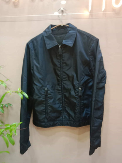 Prada Nylon Zip-Up Jacket Classic Shirt Collar and Zippered Front Pocket Black Medium