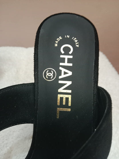 Chanel Pearl Heel Mules Black Suede with Pearl Embedded Heels Size 36