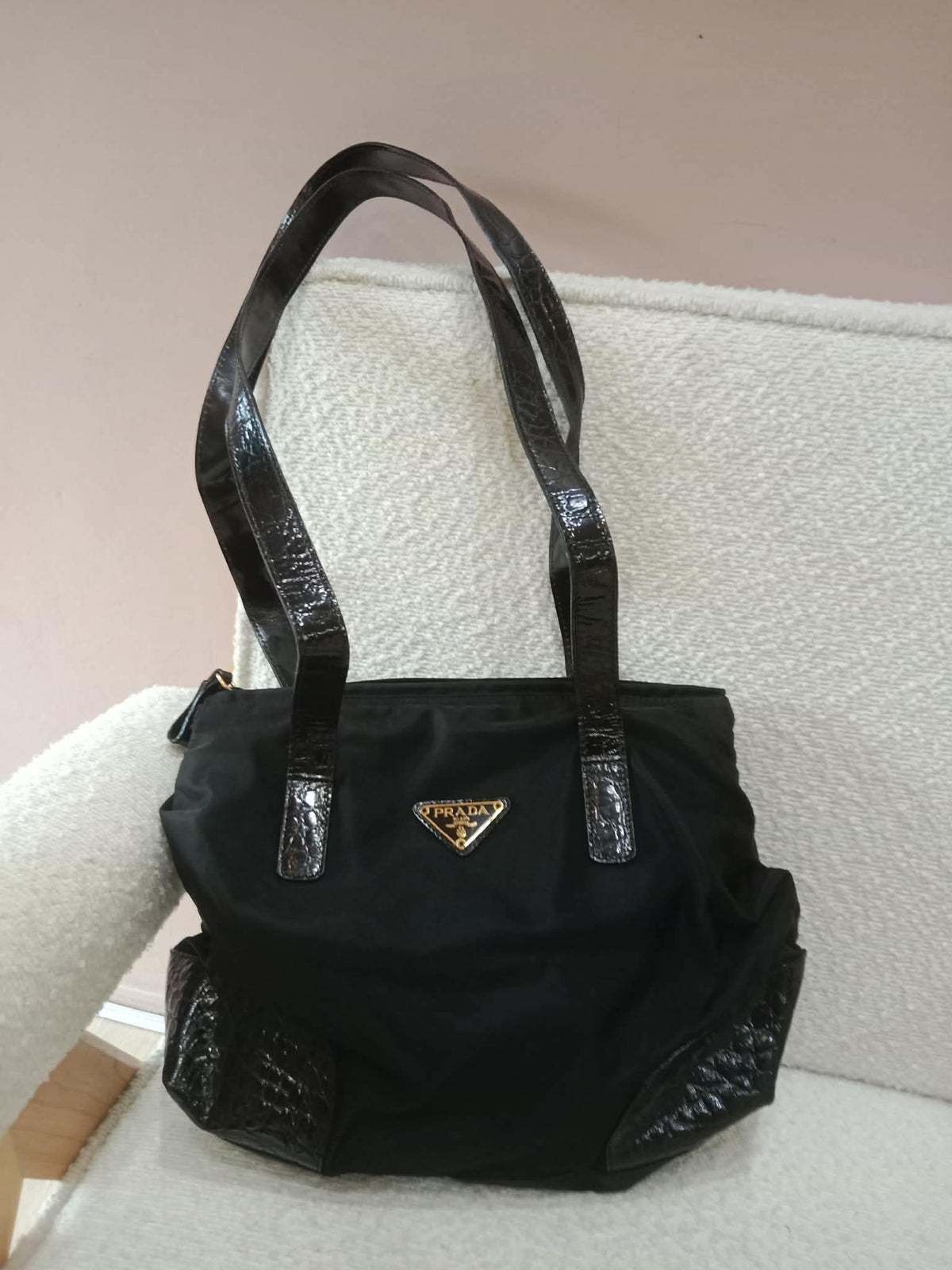 Prada Vintage Tessuto Tote Nylon/Crocodile Embossed Leather Bag