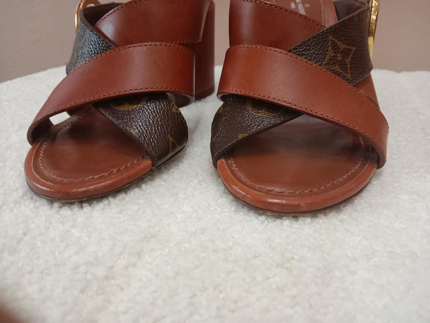 Louis Vuitton Horizon Block Heels Slide Sandals Monogram Leather Brown Size 36