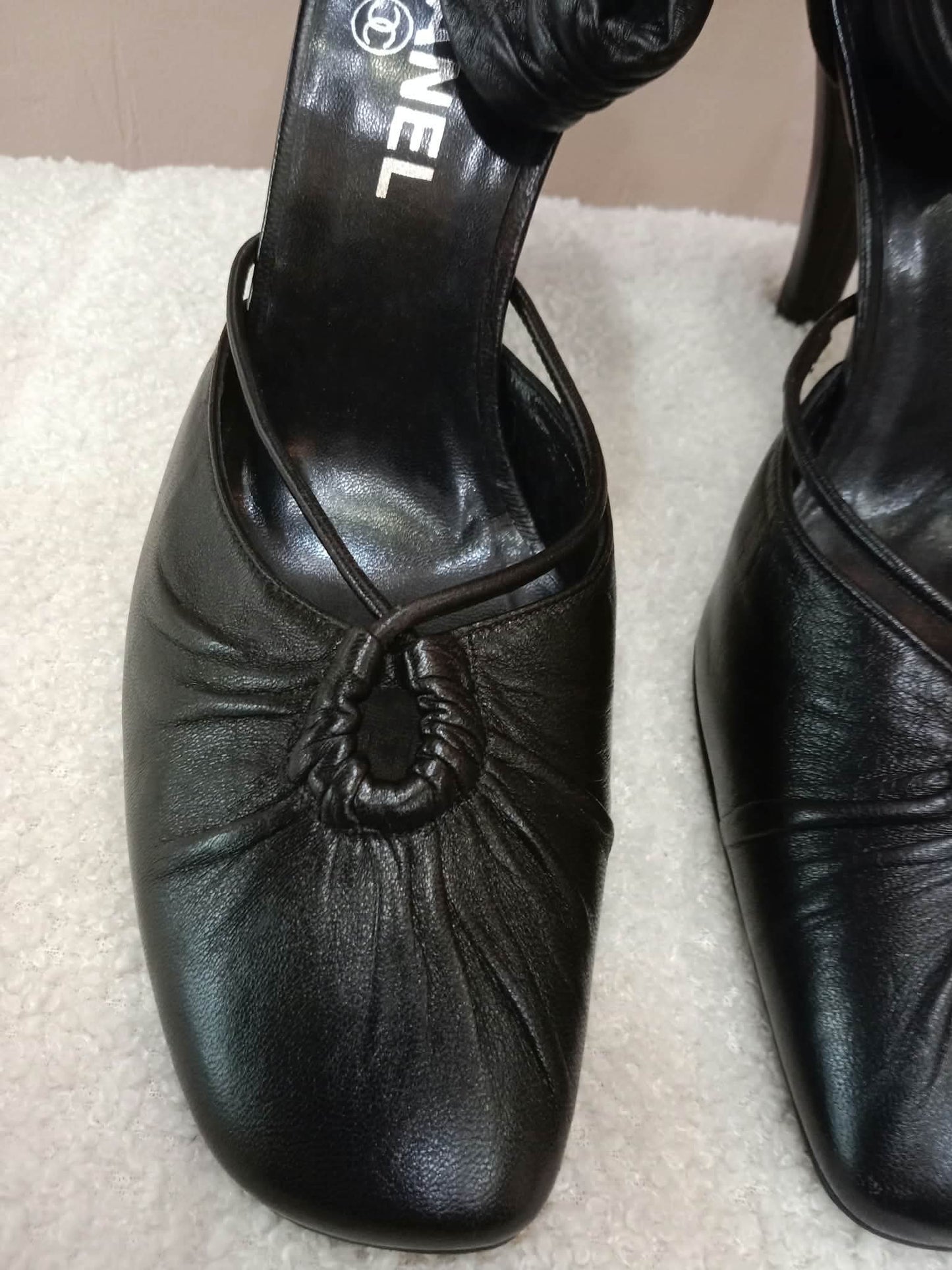 Chanel Black Leather Heels Knotted Toe Design and Draped Ankle Cuff Black Size 38