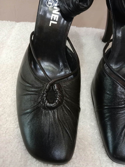 Chanel Black Leather Heels Knotted Toe Design and Draped Ankle Cuff Black Size 38