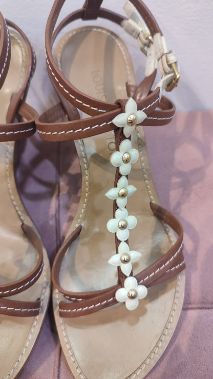Louis Vuitton Flower Strappy Wedge Brown Size 37