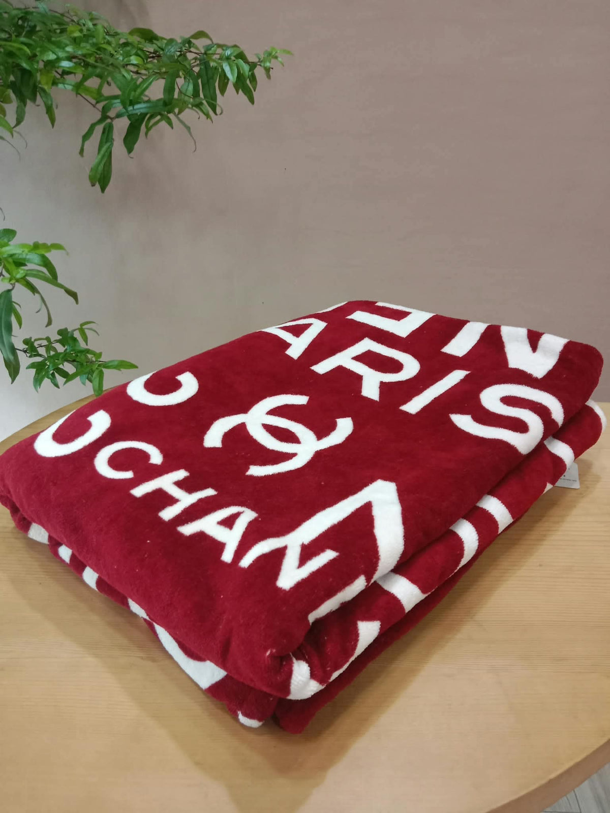 Chanel By Sea Line Cotton Blanket featuring Large printed Leather