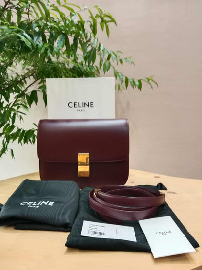 Celine Medium Classic Box Bag In Burgundy Calfskin Leather