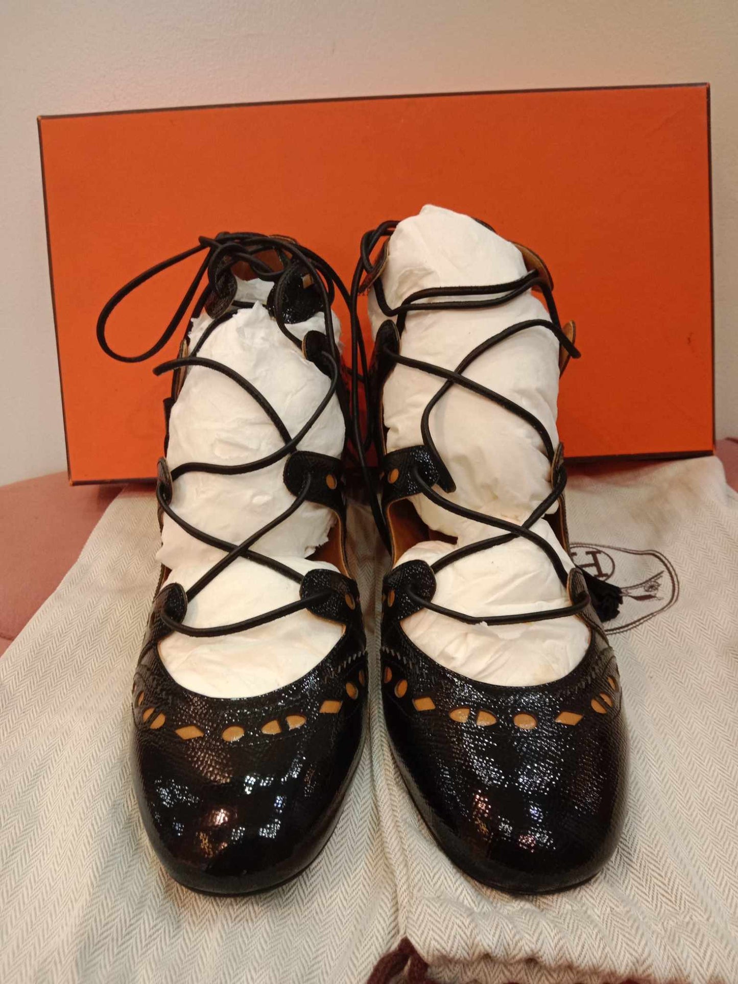 Hermes Black Lace Sandals Size 37 1/2