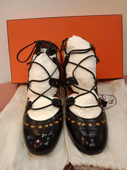 Hermes Black Lace Sandals Size 37 1/2