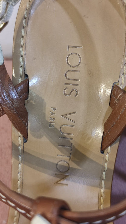 Louis Vuitton Flower Strappy Wedge Brown Size 37