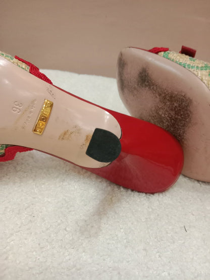 Gucci Kertu Mule Heels Red Patent Leather Trim and Bow Detail Size 36