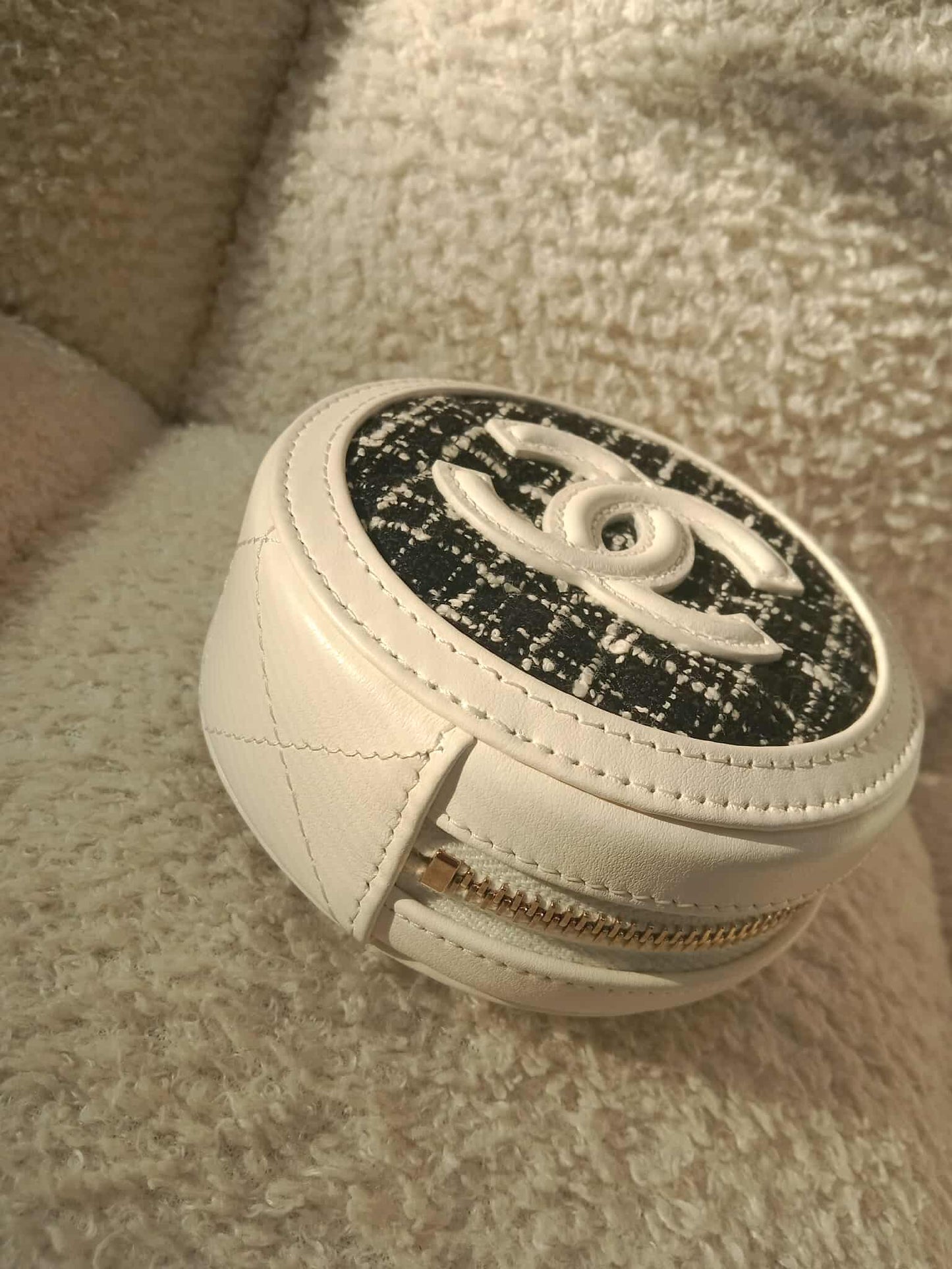 Chanel Tweed Quilted Round Filigree Pouch with Chain Black/White Microchipped