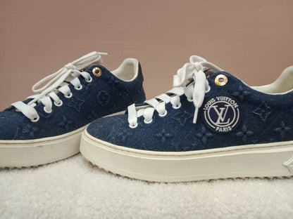 Louis Vuitton Time Out Sneakers Dark Blue Denim Monogram Embossed Pattern Size 37.5