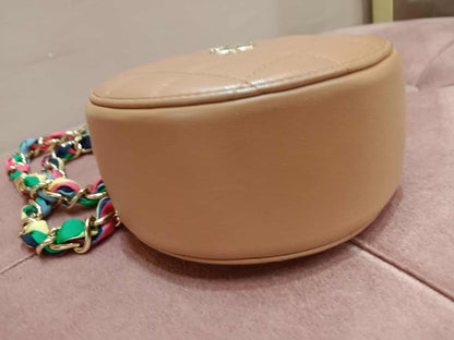 Chanel 21P Round Clutch Lambskin with Multicolor Ribbon-Woven Chain Strap Caramel Series 30