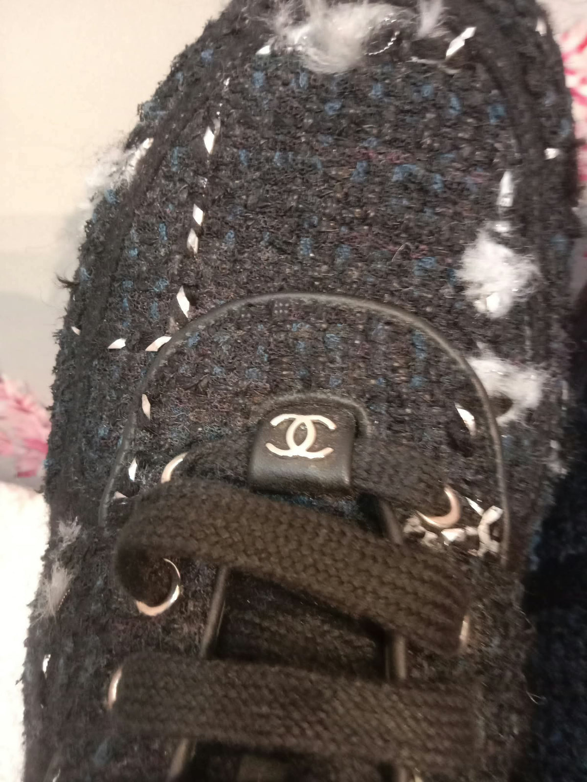 Chanel Tweed Sneakers Silver CC Logo 39 1/2