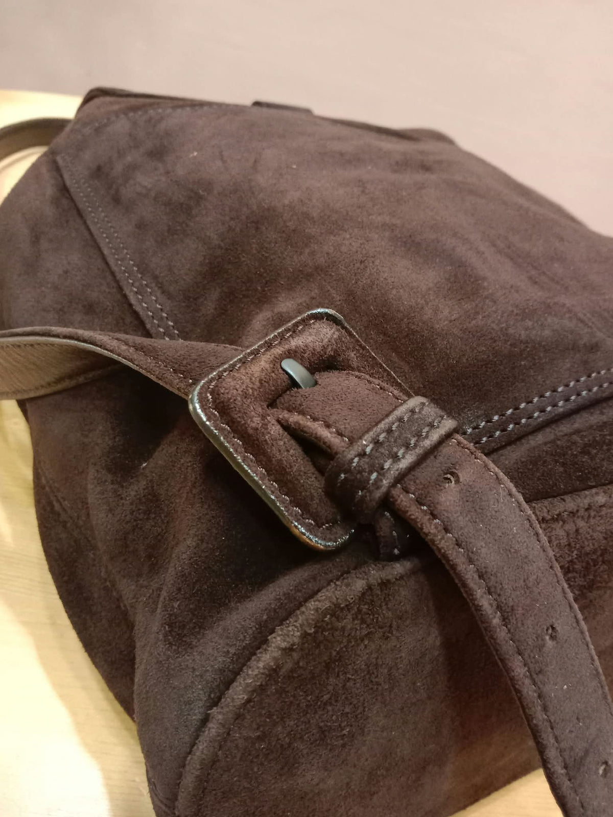 Chanel Vintage Karl Lagerfeld Dark Brown Suede Backpack featuring stitched CC Logo Flap Series 5