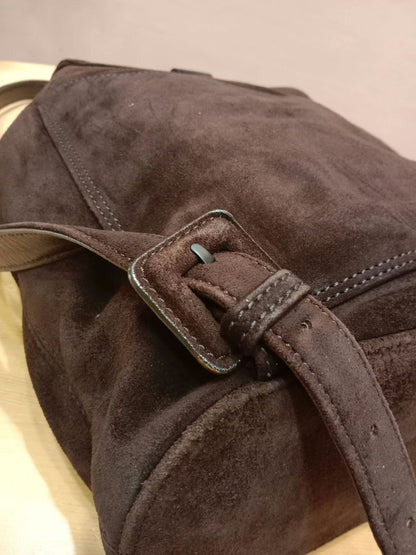 Chanel Vintage Karl Lagerfeld Dark Brown Suede Backpack featuring stitched CC Logo Flap Series 5