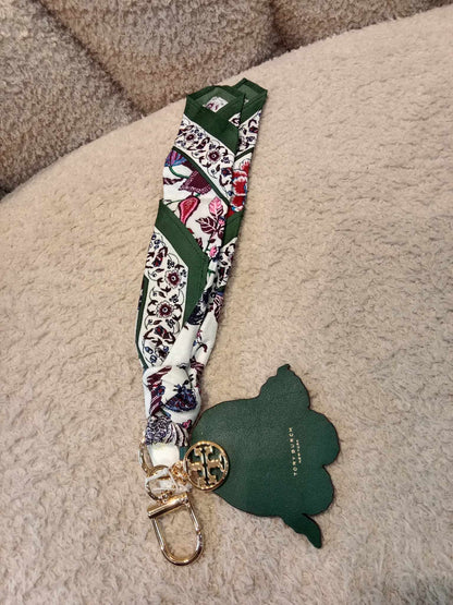 Tory Burch Floral Long Wallet Blue with Long Tassel Scarf Key Fob