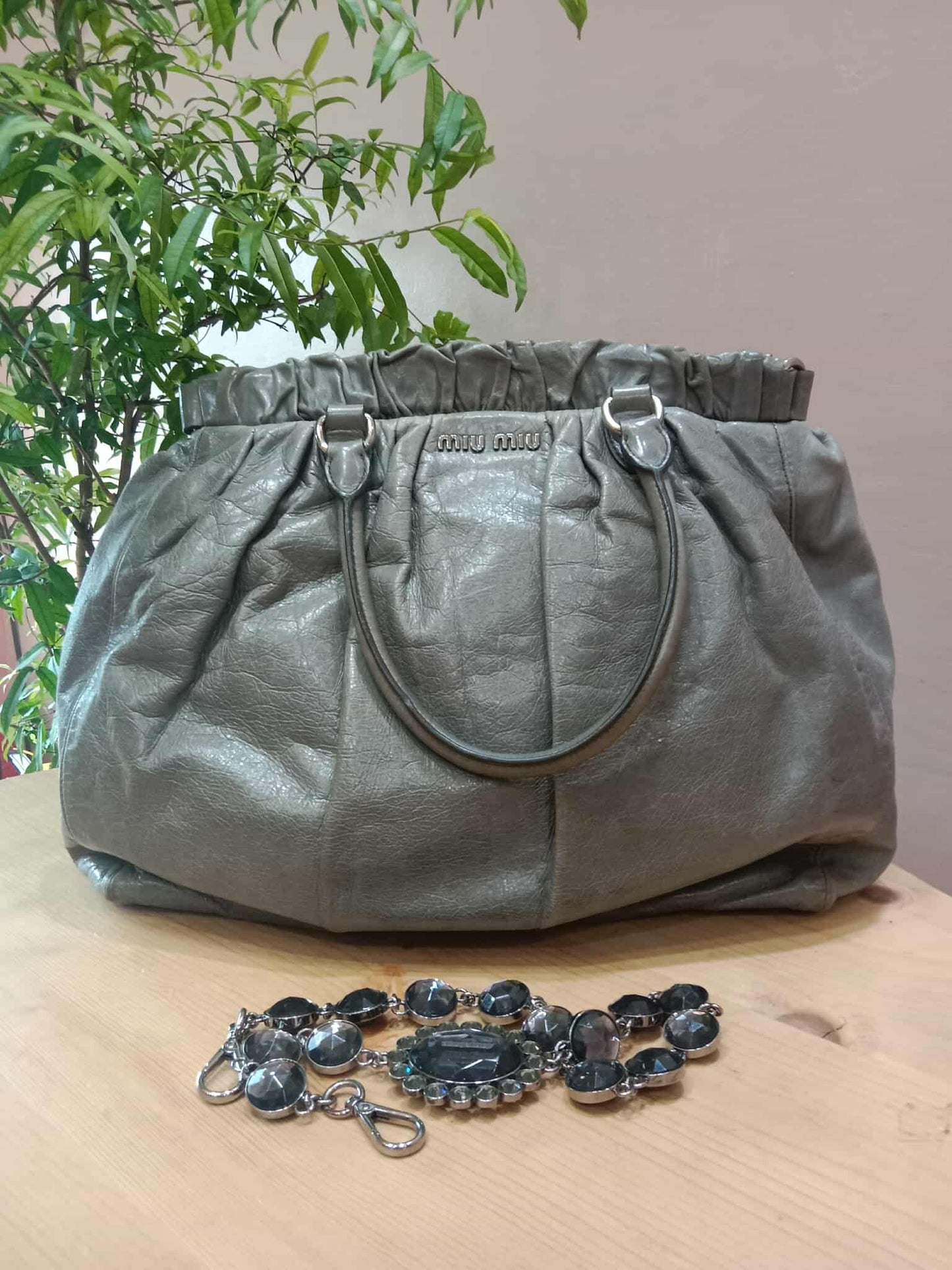 Miu Miu Leather Tote Bag Grey with Crystal Embellished Strap