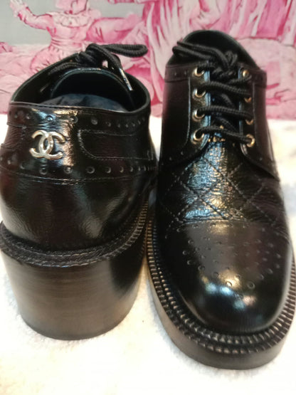 Chanel Quilted Leather Lace-up Oxfords Stacked Heels Black Size 39