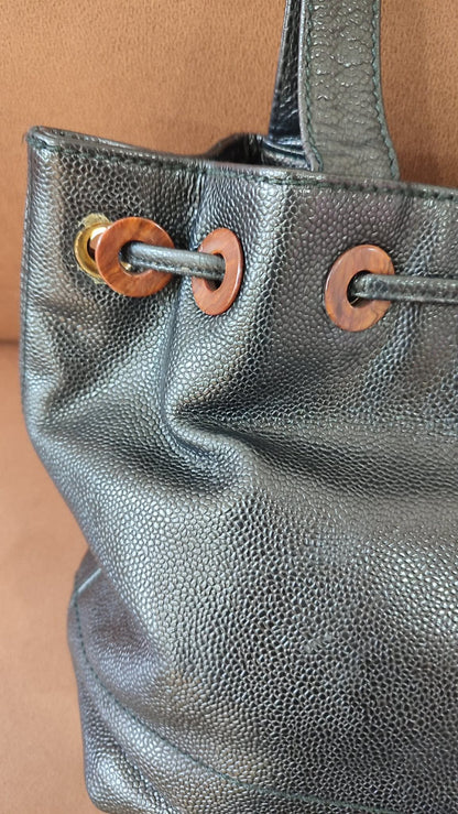 Chanel CC Caviar Drawstring Bucket Bag Black Series 7