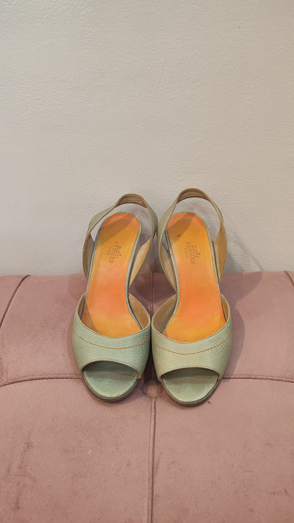 Hermes Peep Toe Slingback Heels Teal Size 36