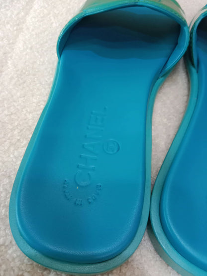 Chanel Turquiose and Green Patent Leather CC Flat Slide Sandals Size 36