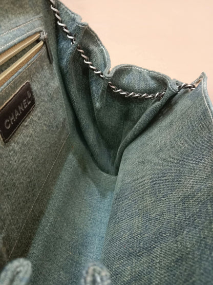 Chanel Vintage Denim and Leather Chocolate Bar Blue Green Denim Series 6