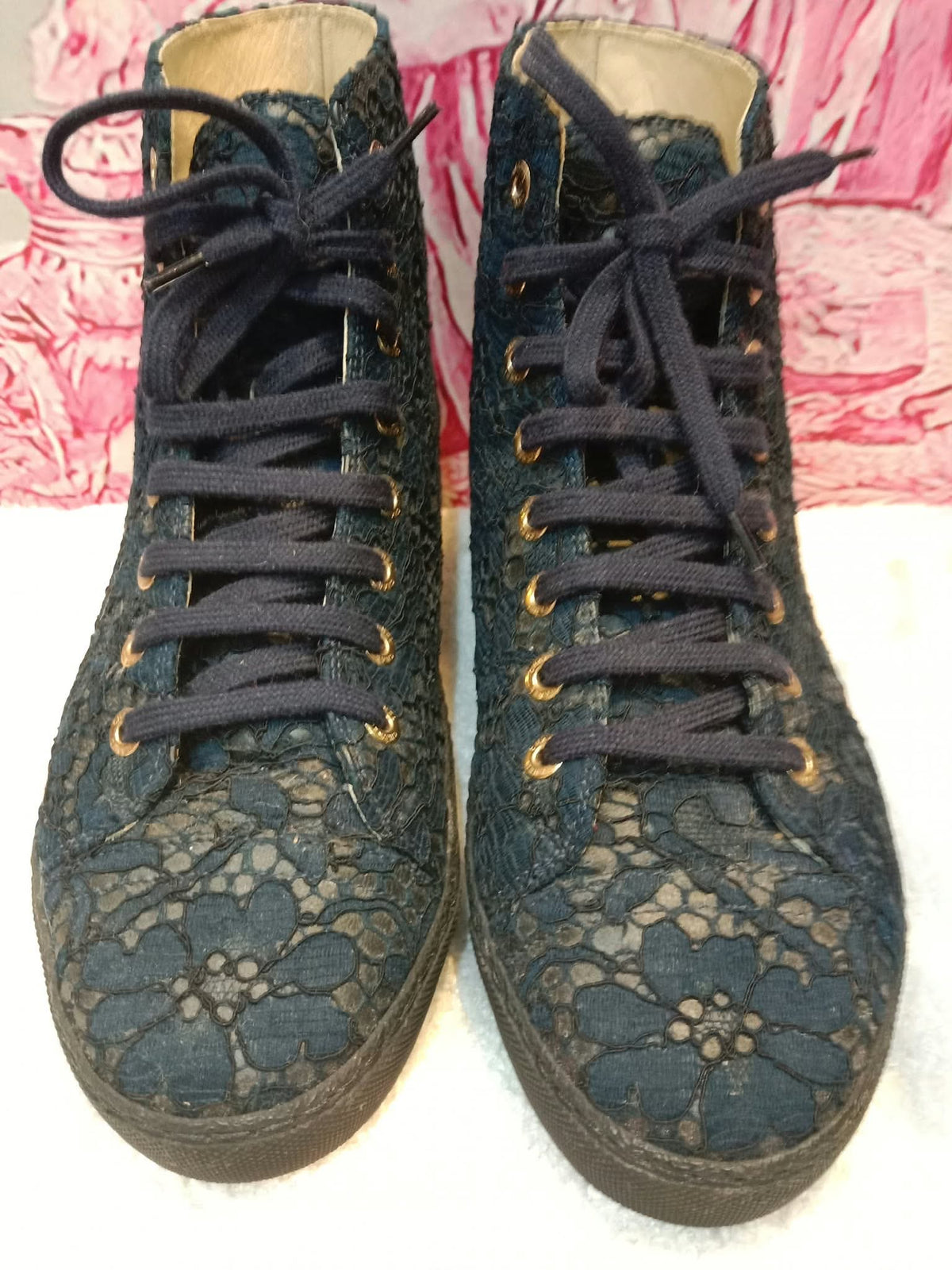Chanel Navy Blue Floral Lace-Embossed Fabric Hih Top Sneakers Size 37 1/2