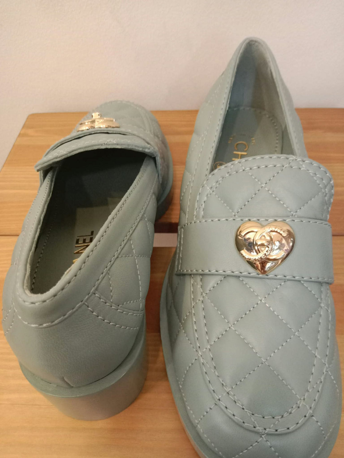 Chanel Quilted Chunky-Heeled Loafers Lambskin Light Teal Size 36.5