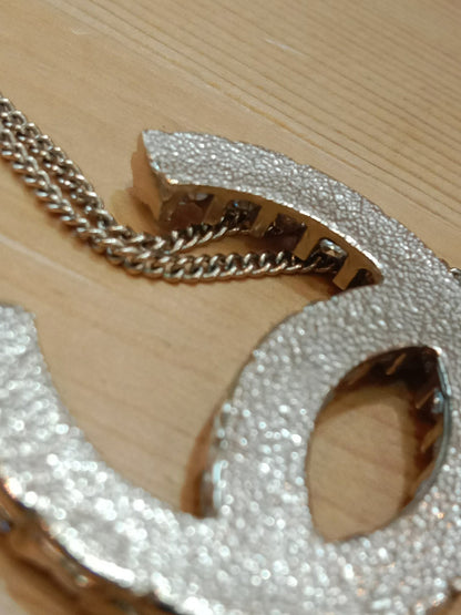 Chanel Crystal CC Pendant Crystal Necklace Silver