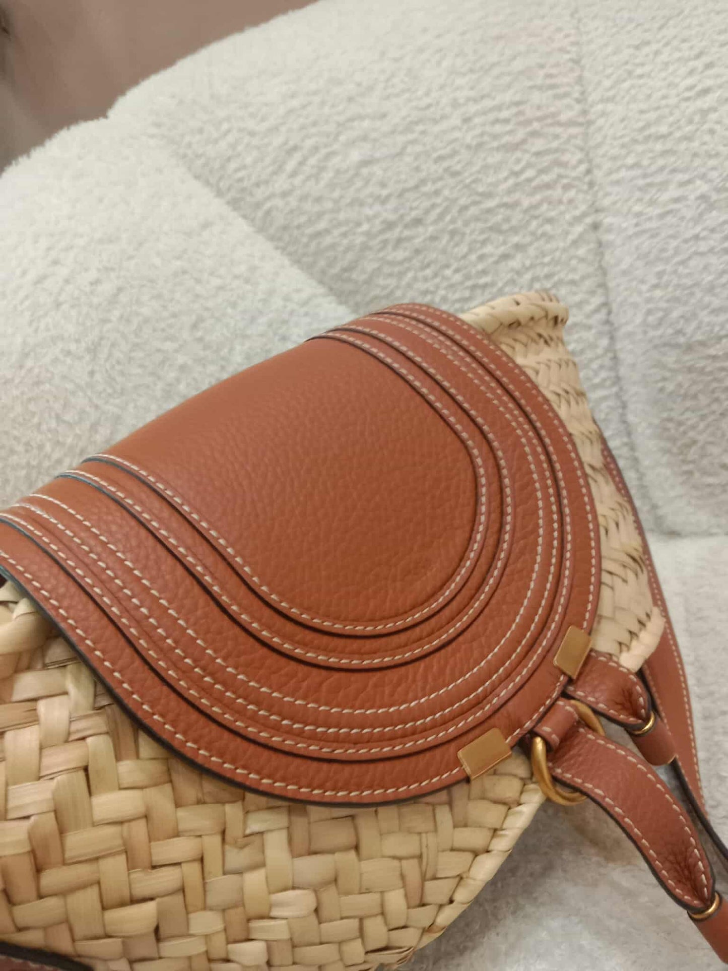 Chloe Marcie Leather Trimmed Raffia Basket Bag Tan