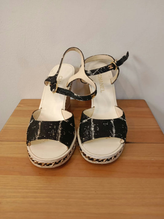 Chanel Black and White Tweed Slingback Wedge Platform Sandals Size 37.5