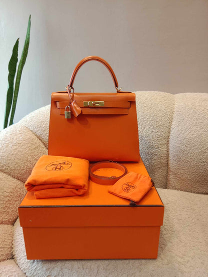 Hermes Kelly 28 Boxcalf Poppy Orange Stamp F Square