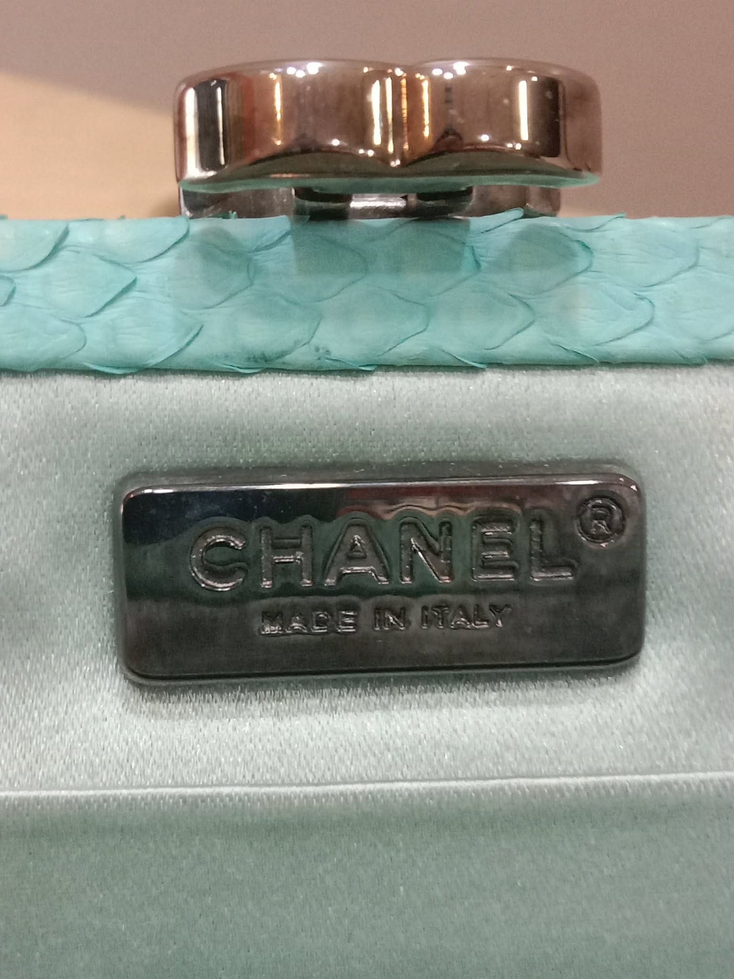 Chanel Mint Green Python Leather Clutch With a Silver-Toned Kiss-Lock Closure Series 15