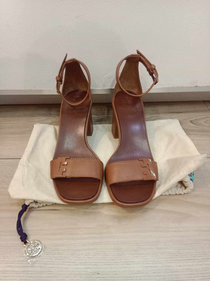 Tory Burch Gabrielle Leather City Heels Sandals Royal Tan