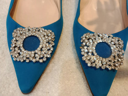 Manolo Blahnik Blue Satin Jewel Buckle Flat Pumps Size 37
