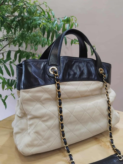 Chanel Mix Shopping Tote Bag Quilted Beige/Black Series 16