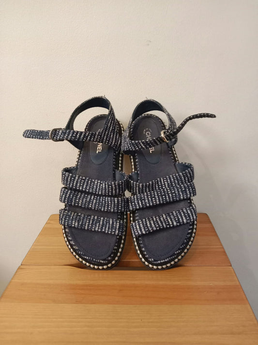 Chanel Navy Tweed Faux Pearl Trimmed Sandals Size 37