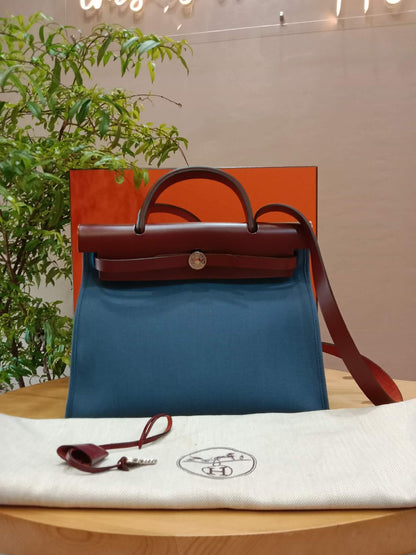 Hermes Herbag Zip 31 Bicolor Blue/Red Canvas & Leather Stamp X 2016