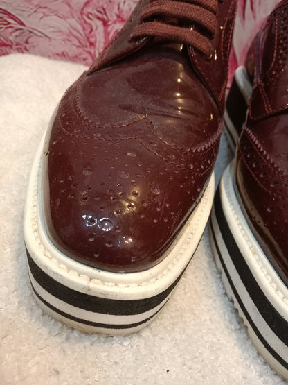 Prada Wingtip Brogue Derby Patent Platform Burgundy Size 37.5