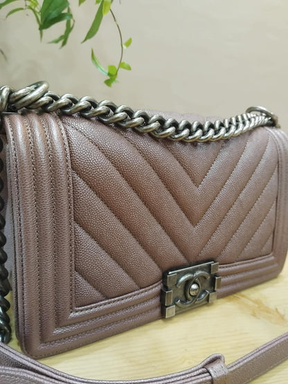 Chanel Le Boy Rose Gold Old Medium Caviar Series 26