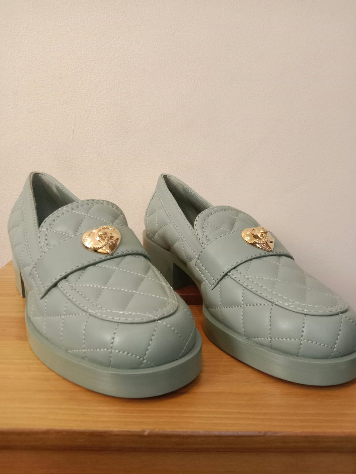 Chanel Quilted Chunky-Heeled Loafers Lambskin Light Teal Size 36.5