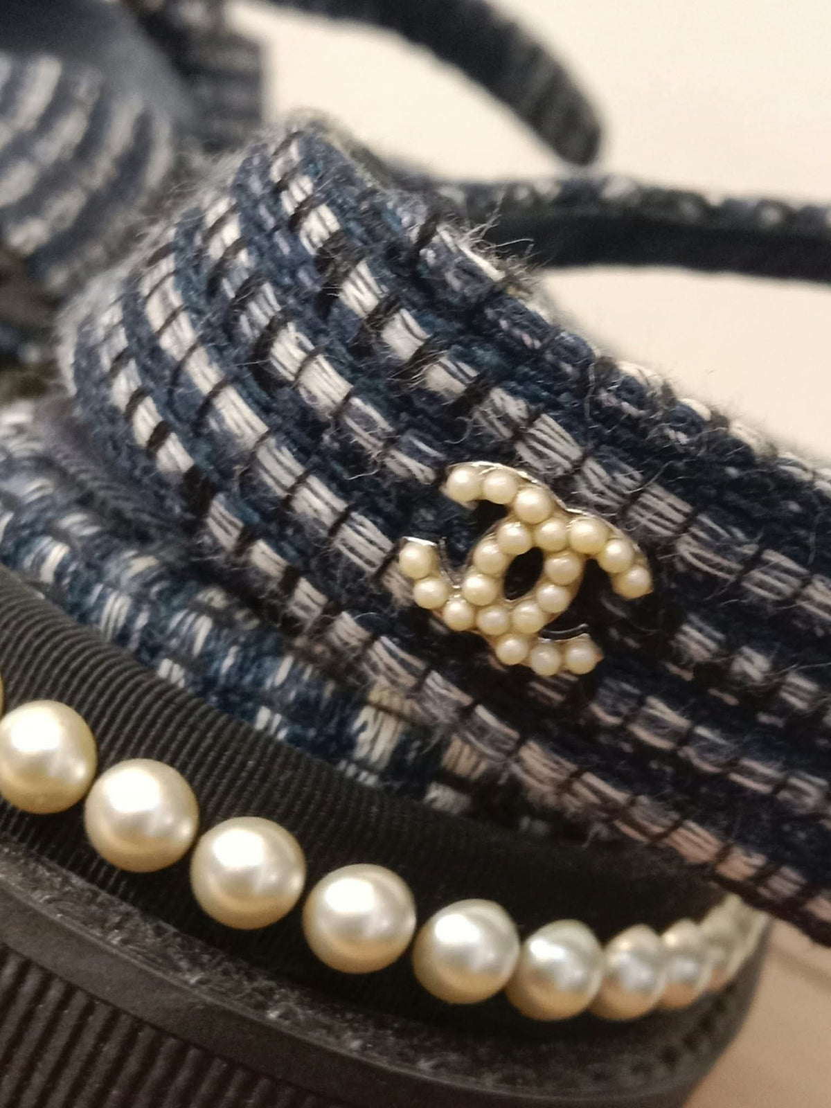 Chanel Navy Tweed Faux Pearl Trimmed Sandals Size 37