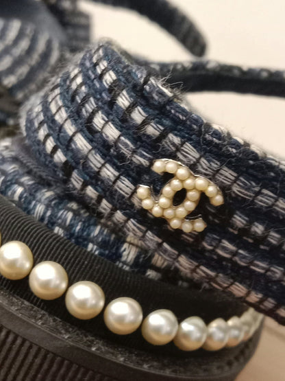 Chanel Navy Tweed Faux Pearl Trimmed Sandals Size 37